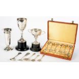 A CASED SET OF SIX CONTINENTAL SILVER AND ENAMEL SOUVENIR SPOONS, MARKED 800, TWO SILVER TROPHY