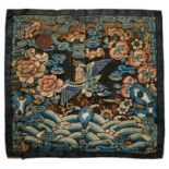 A CHINESE EMBROIDERED SILK SQUARE BADGE, QING DYNASTY, CIRCA LATE 19TH C, APPROX 27 X 28CM ++