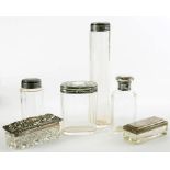 AN EDWARD VII CUT GLASS HAIRPIN BOX AND EMBOSSED SILVER COVER, 9CM L, BIRMINGHAM 1904; FOUR