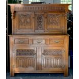 A CARVED OAK COURT CUPBOARD, 155CM H; 128 X 55CM