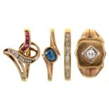 FOUR GEM SET 9CT GOLD RINGS, 7.35G, SIZES L, K, M ++GOOD CONDITION