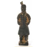 A CHINESE POTTERY FIGURE OF A TOMB GUARDIAN, 16CM H ++In apparently good excavated condition