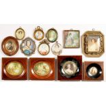 MISCELLANEOUS DECORATIVE PORTRAIT MINIATURES AND PRINTS AND INLAID MAHOGANY BRASS FILIGREE AND OTHER