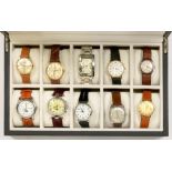 TEN VINTAGE AND MODERN GENTLEMAN'S FASHION WATCHES, INCLUDING A GARRARD SILVER CUSHION SHAPED MID-