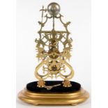 A VICTORIAN BRASS SKELETON CLOCK, THE BELL WITH HALBERD STRIKER, 39CM H, ON VELVET COVERED BASE