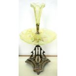 A VICTORIAN EPNS AND SEMI OPALESCENT GLASS FLOWER STAND ON THREE SWAN FEET, 41CM H AND A