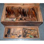 A COLLECTION OF WOODWORKING TOOLS, INCLUDING PLANES, ETC, MANY STAMPED HAY NOTTINGHAM, IN A PINE