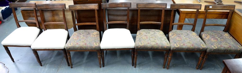 A SET OF SEVEN REGENCY MAHOGANY DINING CHAIRS, A SET OF THREE AND A PAIR OF MAHOGANY DINING