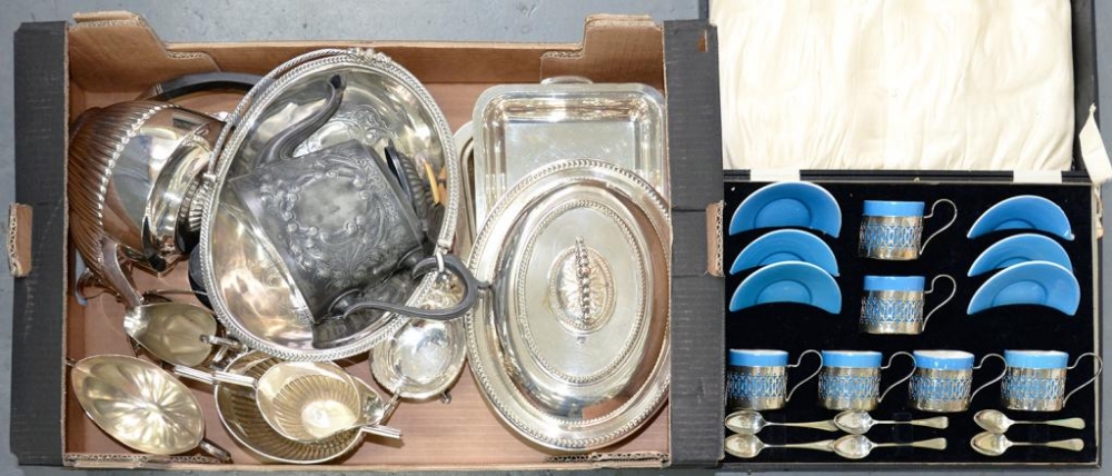 MISCELLANEOUS PLATED WARE, TO INCLUDE AN EDWARDIAN CAKE BASKET, VICTORIAN PEWTER TEAPOT, ENTREE