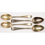 TWO PAIRS OF GEORGE III SILVER TABLESPOONS, OLD ENGLISH PATTERN, BOTH LONDON, 1774 AND 1819, 8OZS
