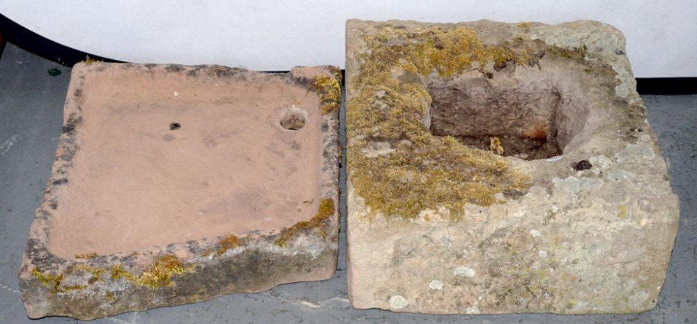 A 19TH C STONE TROUGH, 56 X 43CM AND ANOTHER SIMILAR