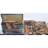 MISCELLANEOUS WOODWORKING TOOLS, INCLUDING PLANES, CHISELS, ETC AND TWO PAINTED PINE CHESTS