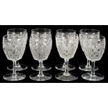 A SET OF EIGHT CUT GLASS WINE GOBLETS, WITH HOB CUT BARREL SHAPED BOWL, 12.5CM H ++Good condition