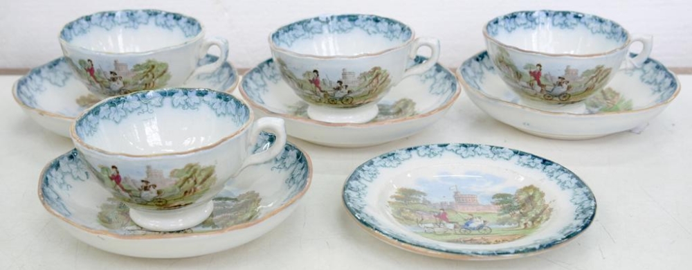 A SET OF FOUR EARLY VICTORIAN EARTHENWARE CHILD'S TEACUPS AND SAUCERS AND A PLATE EN SUITE,