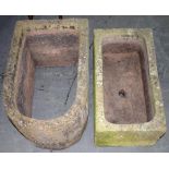 A 19TH C GRITSTONE TROUGH AND A GRITSTONE PUMP TROUGH WITH NO BASE, 32CM H; 47 X 77CM AND SMALLER