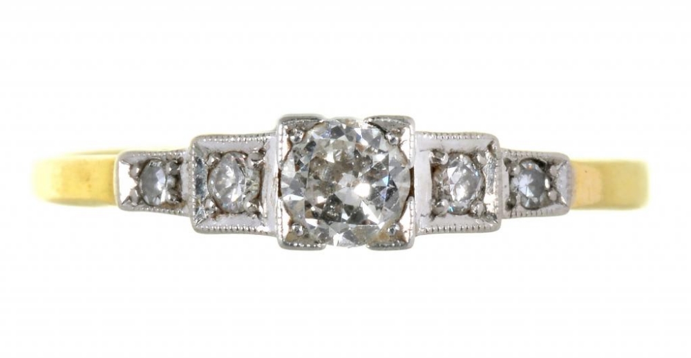 A FIVE STONE DIAMOND RING IN GOLD, MARKED 18CT PT, ENGRAVED JOHN TO DORIS 8.4.39, 1.85G, SIZE M ++