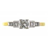 A FIVE STONE DIAMOND RING IN GOLD, MARKED 18CT PT, ENGRAVED JOHN TO DORIS 8.4.39, 1.85G, SIZE M ++