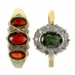 A GREEN TOURMALINE AND DIAMOND RING IN 18CT GOLD, LONDON 1965, 3.15G, AND A GARNET AND DIAMOND