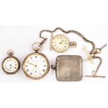 THREE VARIOUS SILVER POCKET AND FOB WATCHES, A SILVER WATCH CHAIN AND A CONTEMPORARY SILVER VESTA