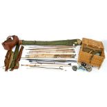 VINTAGE FISHING TACKLE, INCLUDING RODS, A WICKER CREEL, REELS AND ACCESSORIES, ETC