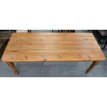 A WAXED PINE KITCHEN TABLE, 78CM H; 212 X 90CM