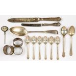 A GEORGE III SILVER TABLESPOON, OLD ENGLISH PATTERN, LONDON 1804 AND VARIOUS SILVER ARTICLES,