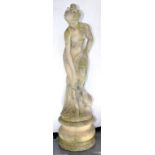 A RECONSTITUTED STONE GARDEN STATUE OF A BATHER ON A PLINTH, 20TH C, 140CM H