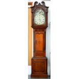 AN EARLY VICTORIAN OAK AND LINE INLAID EIGHT DAY LONGCASE CLOCK, THE PAINTED BREAK ARCH DIAL WITH