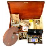 A COLLECTION OF ARTIST'S PAINTS AND EQUIPMENT IN A VICTORIAN MAHOGANY BOX, 59CM W