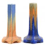 TWO RUSKIN POTTERY HEXAGONAL MOULDED TABLE LAMPS, C1930, WITH STREAKED SEMI MATT GLAZES, 19.5 AND