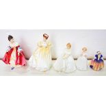 FIVE VARIOUS ROYAL DOULTON BONE CHINA FIGURES OF YOUNG LADIES, VARIOUS SIZES, PRINTED MARKS