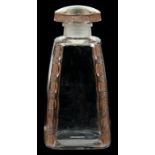 A LALIQUE BROWN STAINED AND FROSTED GLASS DISPLAY SCENT BOTTLE AND STOPPER, 20CM H, MOULDED MARK ++