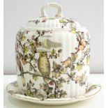 A RIDGWAYS SEPIA PRINTED AND PAINTED EARTHENWARE NIGHT & MORN PATTERN BISCUIT BARREL, COVER AND