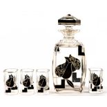 A CONTINENTAL ART DECO CUT AND ENAMELLED GLASS LIQUEUR SET, C1925, DECANTER AND STOPPER 21CM H++Flat