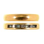 A 22CT GOLD WEDDING RING, BIRMINGHAM 1930, 3.6G, AND AN AQUAMARINE AND DIAMOND RING IN 18CT GOLD,