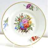 A CONTINENTAL PORCELAIN PLATE, PROBABLY PAINTED IN ENGLAND WITH A CENTRAL FLORAL GROUP AND THREE