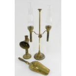 A VICTORIAN BRASS STUDENT'S CANDLE LAMP, 30CM H, STAMPED PATENT, A BRASS TWIN CANDLE LAMP WITH GLASS