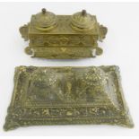 TWO VICTORIAN CAST BRASS INK STANDS, 24 AND 26CM L