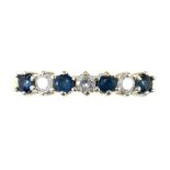 A SEVEN STONE SAPPHIRE AND DIAMOND RING IN 18CT GOLD, 2.3G, SIZE M 1/2++VERY SLIGHT BUILD UP OF DIRT