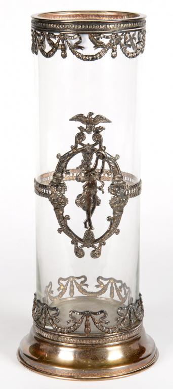 A FRENCH CYLINDRICAL SILVER COLOURED METAL MOUNTED GLASS VASE IN EMPIRE STYLE, 32CM H, APPARENTLY