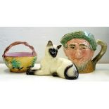 A ROYAL DOULTON MUSICAL CHARACTER JUG - AULD MAC, 15CM H, A VICTORIAN MAJOLICA BASKET AND A ROYAL