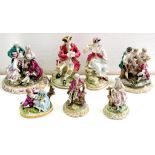 THREE AND TWO PAIRS OF CONTINENTAL PORCELAIN FIGURES AND GROUPS, ALL IN MEISSEN STYLE, VARIOUS