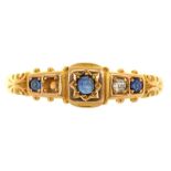 A SAPPHIRE AND DIAMOND RING IN 18CT GOLD, BIRMINGHAM 1903, 3G, SIZE S++ONE DIAMOND MISSING