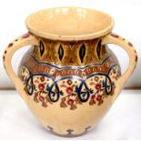 A BOHEMIAN THREE HANDLED EARTHENWARE LAMP BASE, DECORATED IN COLOURS WITH STYLISED FLOWERS AND GILT,