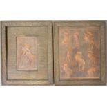 GOLF. TWO FRAMED AND EMBOSSED LEATHER PICTURES, EARLY 20TH C, 26 X 21CM OVERALL AND SLIGHTLY SMALLER