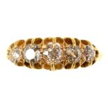 A FIVE STONE DIAMOND RING IN 18CT GOLD, DATE LETTER RUBBED, 3.6G, SIZE J 1/2++GOOD CONDITION