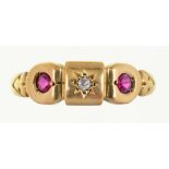 A GYPSY SET RUBY AND DIAMOND RING IN GOLD, MARKED 18CT, 2.9G, SIZE O++GOOD CONDITION