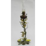 A VICTORIAN NATURALISTIC POLYCHROME PAINTED SHEET METAL OIL LAMP, POSSIBLY BY EDWARD J SHAW AND CO