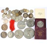 A COLLECTION OF VICTORIAN WHITE METAL COMMEMORATIVE MEDALS, TWO SILVER DOLLARS AND MISCELLANEOUS