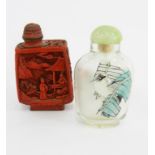 A CHINESE CINNABAR LACQUER SNUFF BOTTLE, 5.8CM H INCLUDING STOPPER AND A CHINESE INTERIOR PAINTED